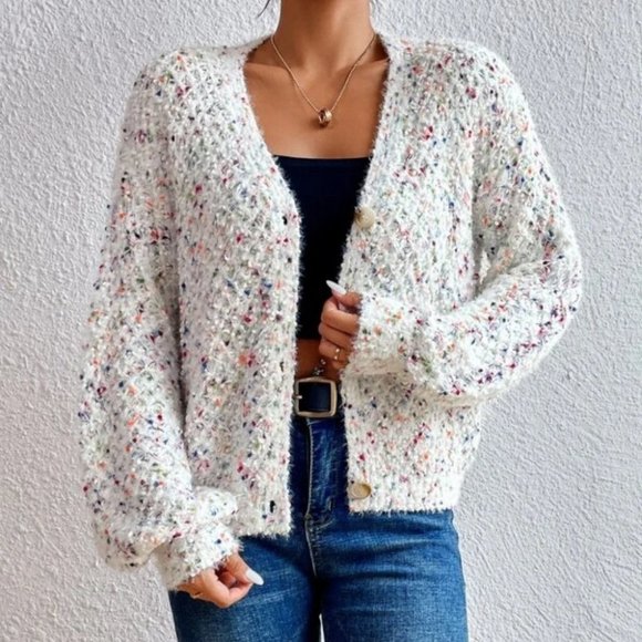 multi color soft Popcorn Drop Shoulder button down knit Sweater Cardigan - Picture 6 of 6